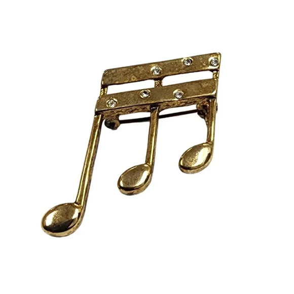 Vintage 60s-70s Clear Rhinestone Musical Note Brooch Pin Gold Tone - Picture 1 of 2